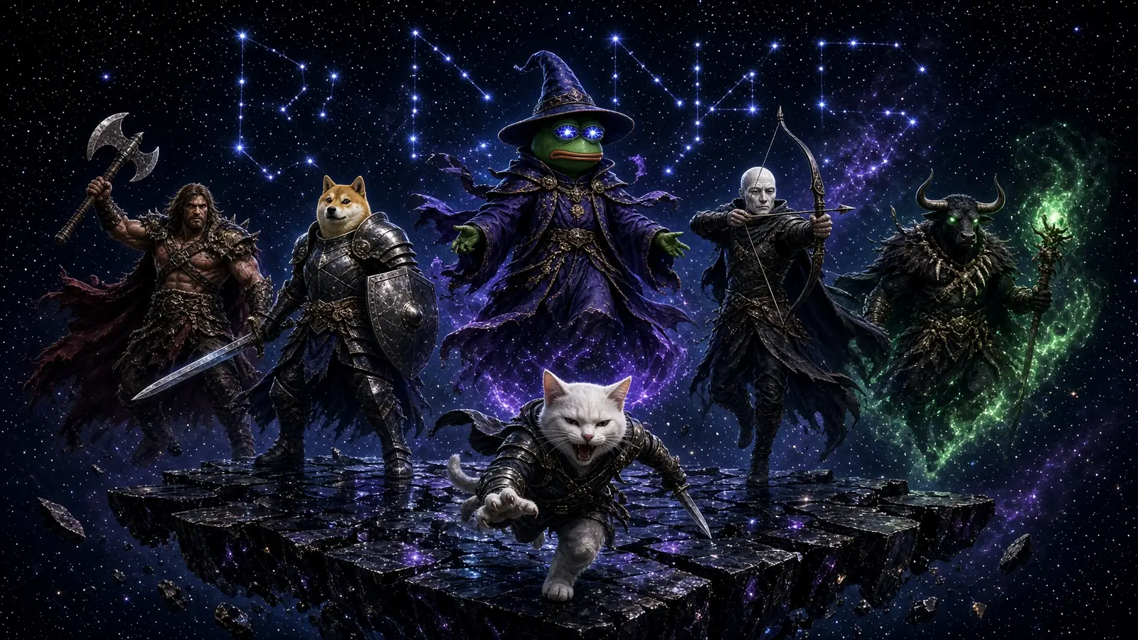 The six TokenQuest heroes leaping across shattered obsidian platforms in a starlit cosmos