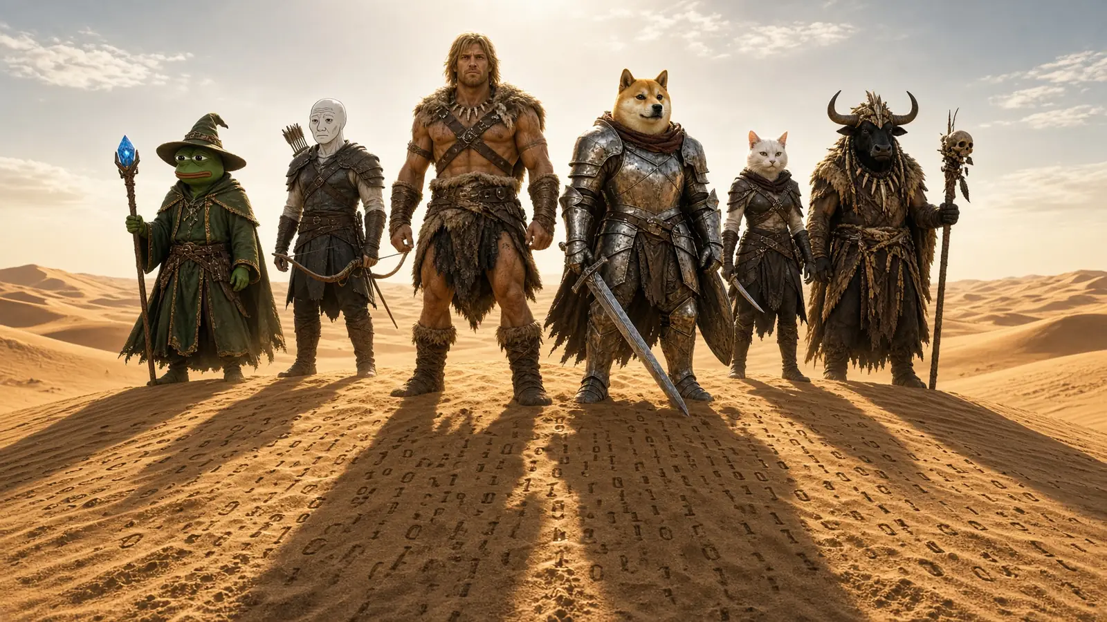 The TokenQuest heroes crossing a vast dune marked with lines of binary code
