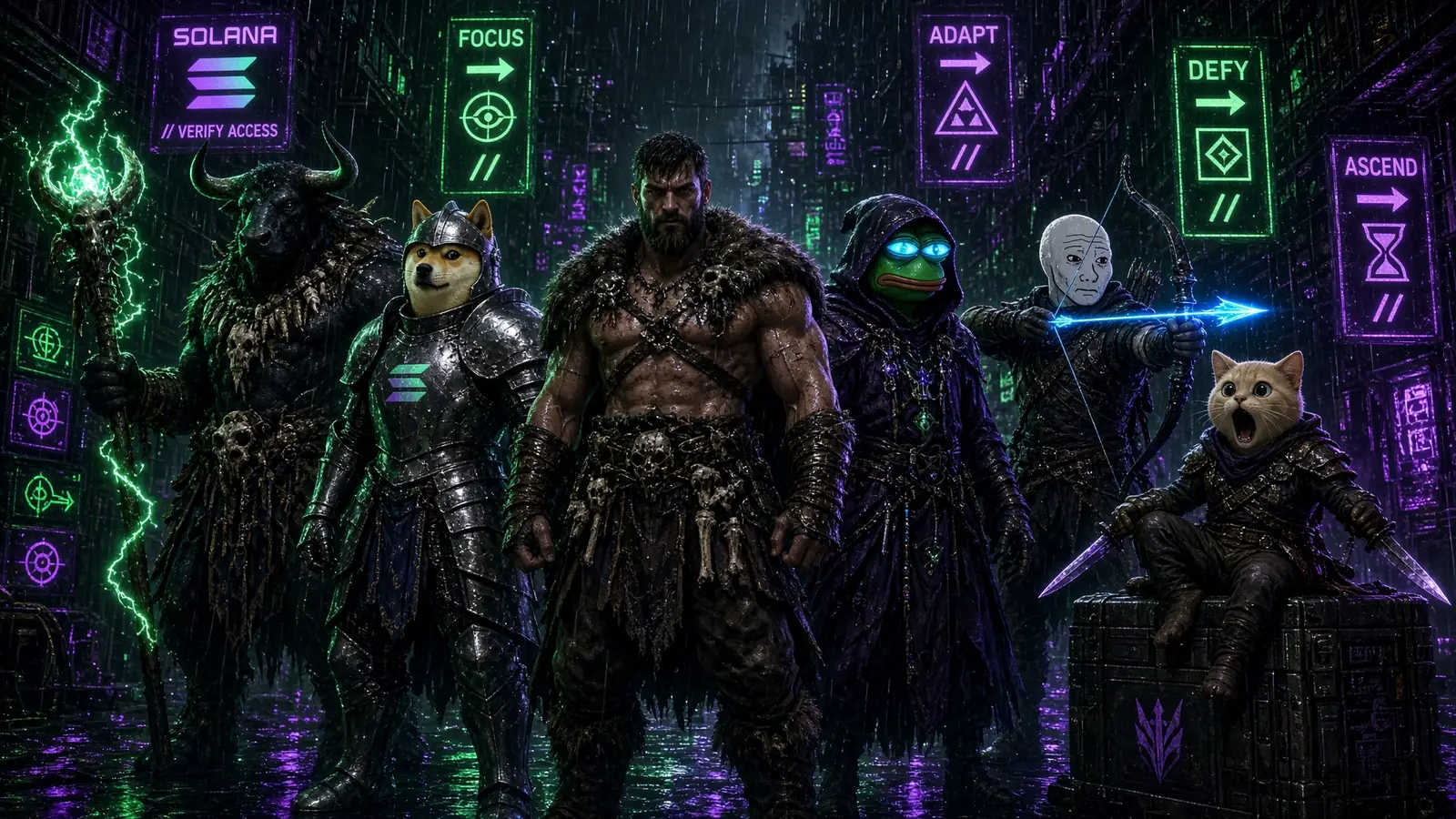 The TokenQuest party gathered in a neon, rain-soaked cyberpunk street of signal towers