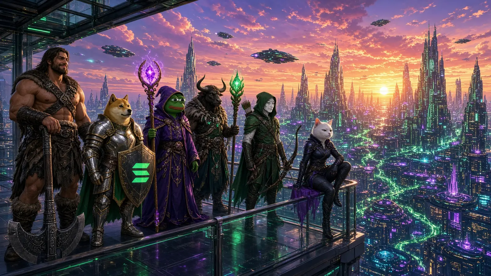 The TokenQuest party overlooking a neon skyline of interconnected communities at sunset
