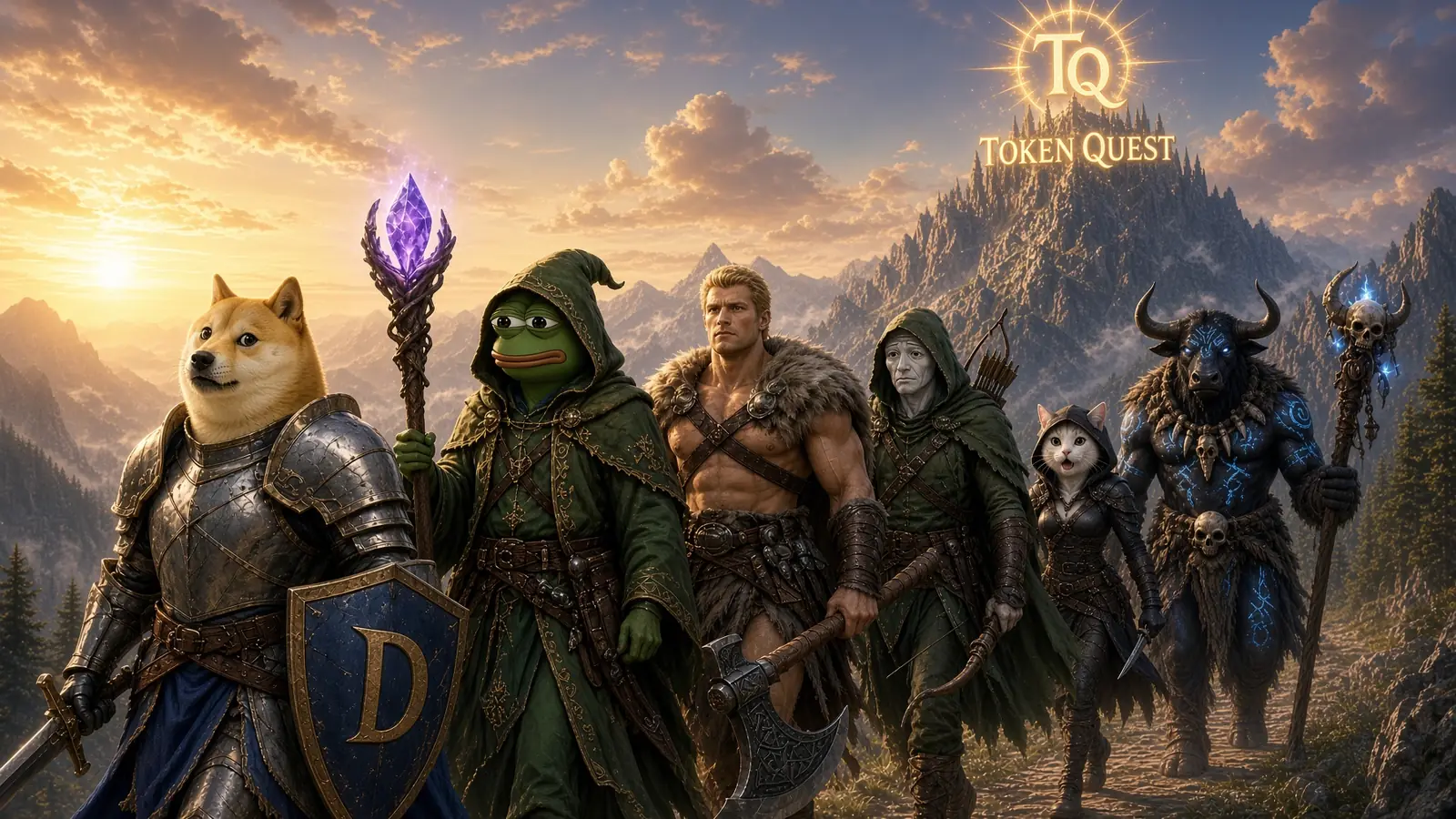 The six TokenQuest heroes walking the mountain road beneath the glowing TQ Token Quest sigil
